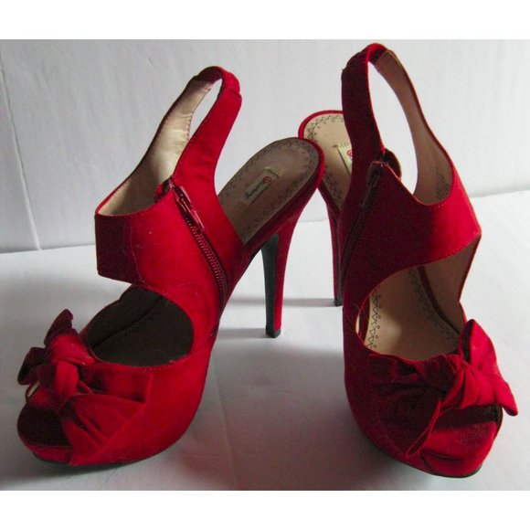 Olsenboye Bright Red Bow Suede Like High Heels - Picture 1 of 9